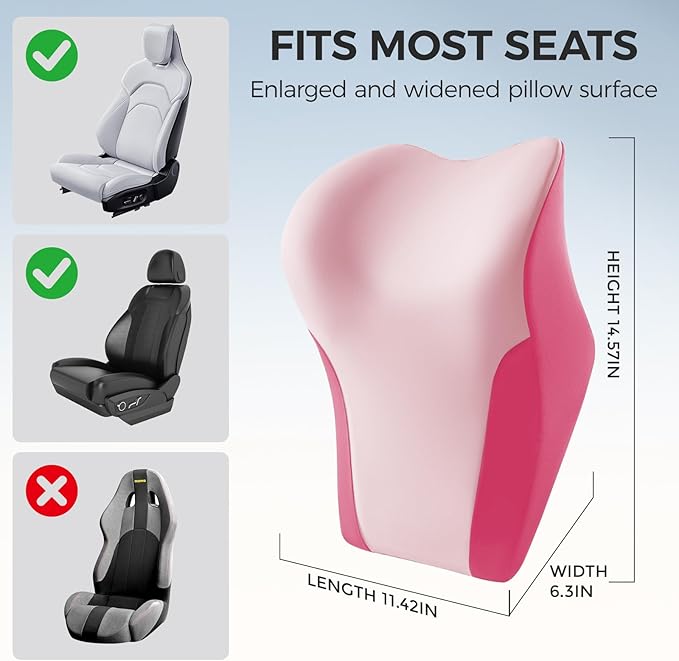BABUR Car Headrest Pillow | Ergonomic Memory Foam Neck Shoulder Support Pillow with Adjustable Design & Enlarged Surface | Pain Relief for Driving Travel Sleeping | Pink1 Pack