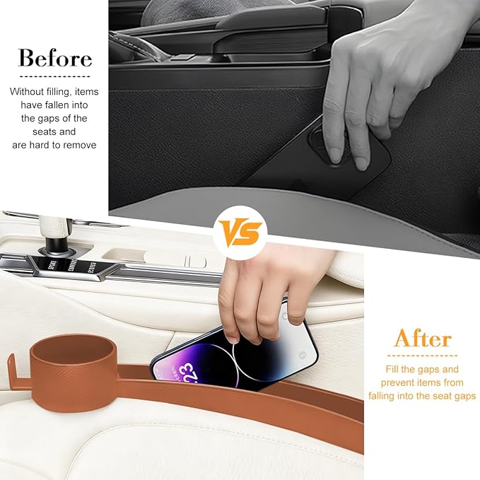 2PCS Car Seat Gap Filler, Dual Slot Carbon Fiber Vehicle Side Seat Gap Organizer Strip with Cup Holder, Auto Console Guard Spacer Stop Things from Dropping, Universal Fit (Orange)