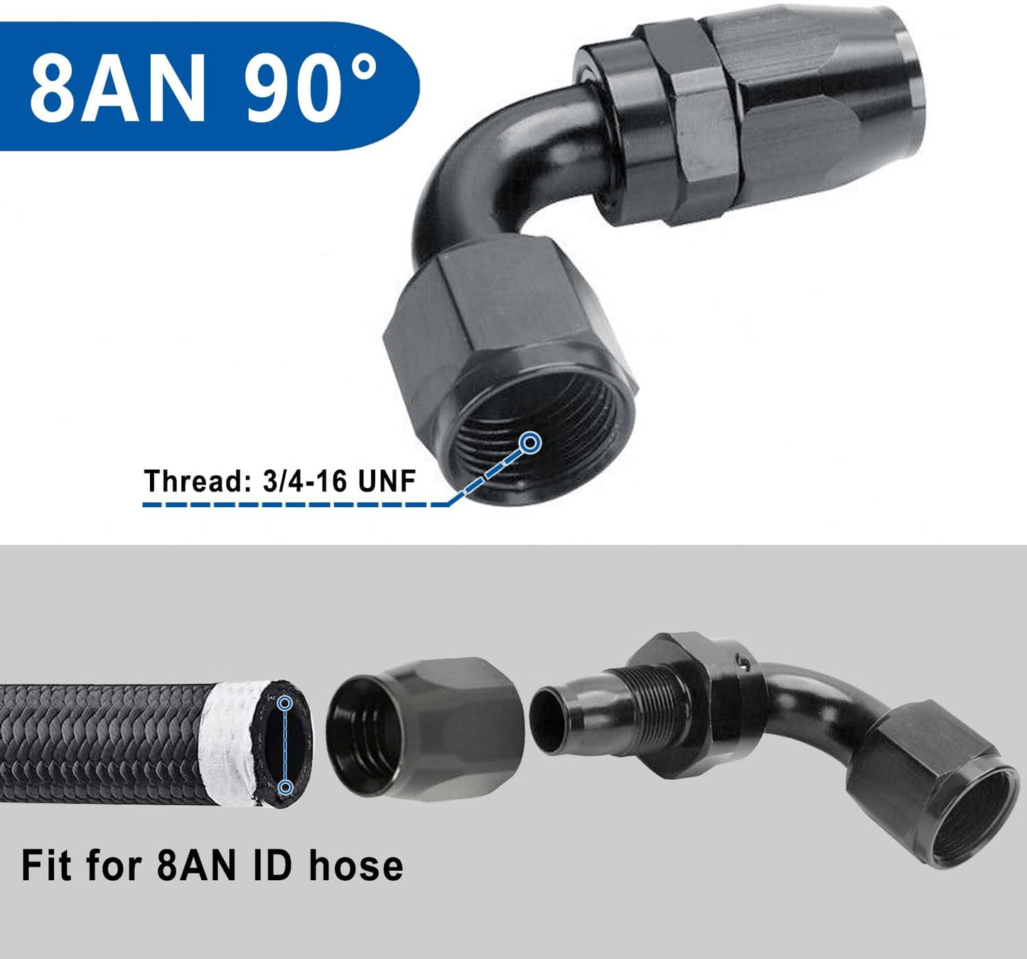LokoCar 8AN Hose End Fitting 90 Degree Swivel For CPE Braided Hose Black 2Pcs