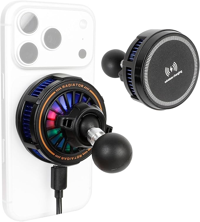 Xik Magnetic Cooling Wireless Charger Phone Holder with 1" Ball for Magsafe iPhone, [17-25mm Ball],Compatible with RAM B Size Mounts Double Socket Arm