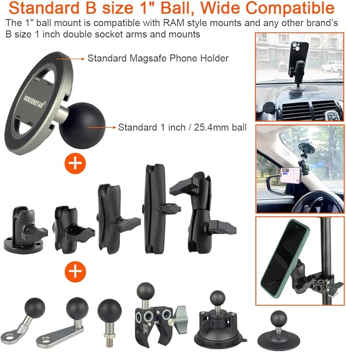 Magnetic Car Phone Holder Mount with B Size 25mm 1" Ball Compatible with Magsafe iPhone 16 15 14 13 Pro Max RAM mounts B Size 1 inch Double Socket Arm Magsafe Ball Mount Adapter