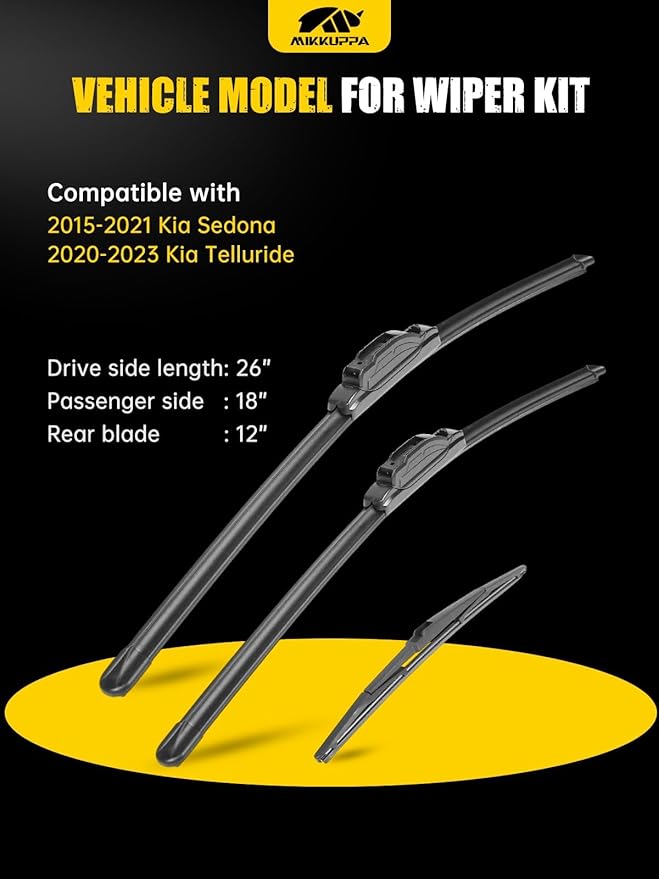 MIKKUPPA 26"+18"+12" Windshield Wipers Blades Replacement for 2015-2021 Kia Sedona, 2020-2023 Telluride, U/J HOOK Front & Rear All Season Wiper Blades Set(Pack of 3)
