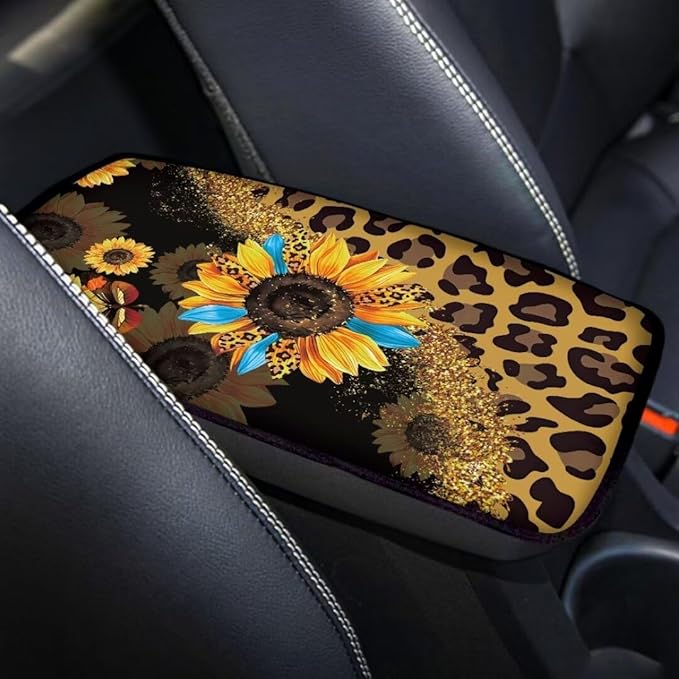 Coldinair Sunflower Leopard Print Car Armrest Cover,Auto Center Console Pad,Soft Seat Box Cover Protector Cushion,Car Accessories Decor for Most Cars,Sedan,Truck,SUV