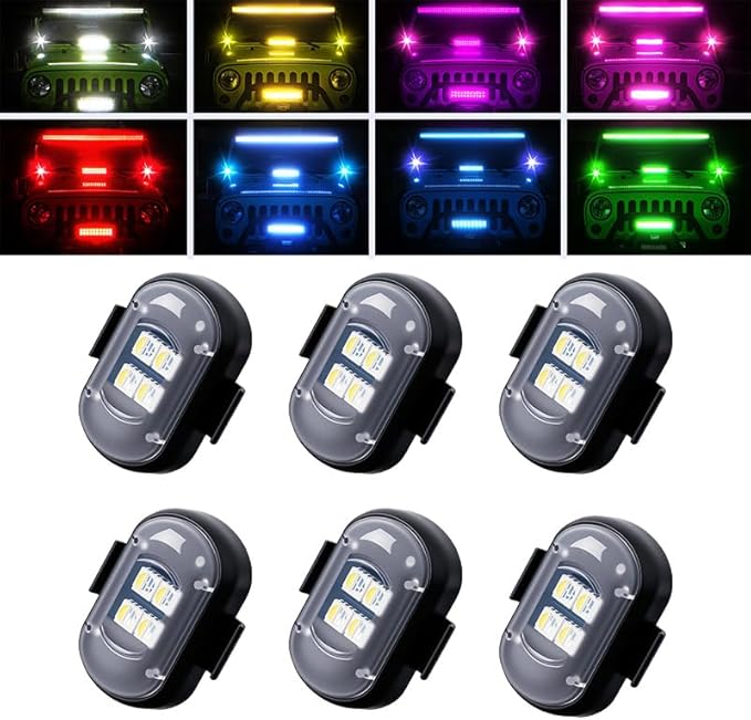 6PCS Upgraded Wireless LED Strobe Lights with Remote Control, 8 Colors Interior Car Lights with 4 Bright LED Lamp Beads，Suit for Car Motorcycle Bike Drone Aircraft