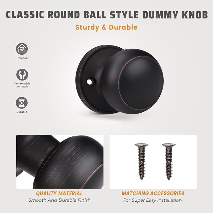 KNOBWELL 2 Pack Bronze Dummy Door Knob, Single Sided Handle for Closets, French Double Doors, and Pantry, Oil Rubbed Bronze One Side Non-Turning Interior Push/Pull Door Knob