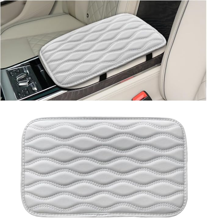 Car Center Console Cushion Pad, 12.48×7.40 Inches Waterproof Car Armrest Seat Box Cover, Comfortable PU Leather Vehicle Armrest Cover Protector, Car Decor Interior Accessories (White)