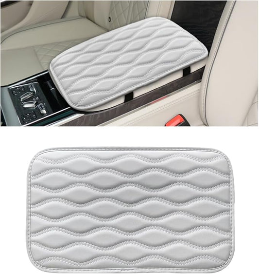 Car Center Console Cushion Pad, 12.48×7.40 Inches Waterproof Car Armrest Seat Box Cover, Comfortable PU Leather Vehicle Armrest Cover Protector, Car Decor Interior Accessories (White)