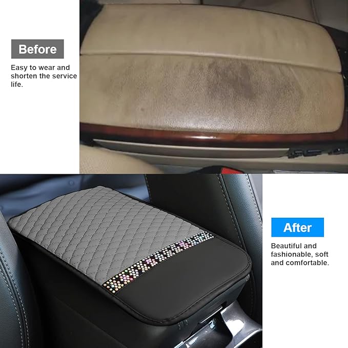 Bling Leather Car Center Console Cover, Car Center Console Protector With Glossy Crystal Rhinestone, Universal Waterproof Car Armrest Seat Box Cover For Most Car, Vehicles, SUVs, Trucks (Gray)