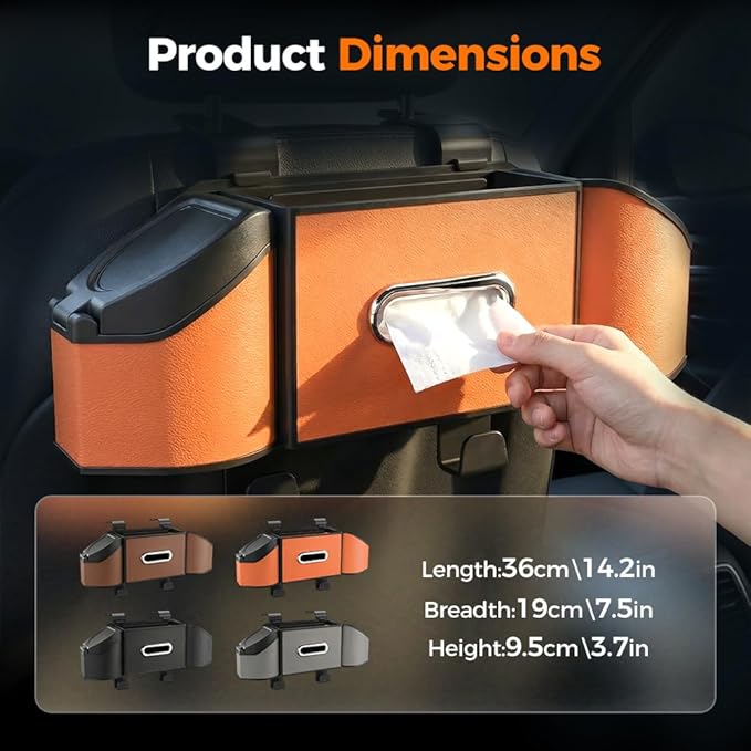 7-in-1 Car Backseat Organizer,Multifunctional Car Organizers and Storage Box with Cup Holder, Tissue Box,Trash Bin,Phone Mount and Hooks,Car Essentials Accessories for Women and Men (Orange)