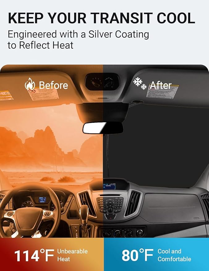 Proadsy Windshield Sun Shade for 2015-2025 2026 Ford Transit 4-Layer Foldable Front Sunshade Protector Sun Visor Blocks UV Rays Keep Car Cooler