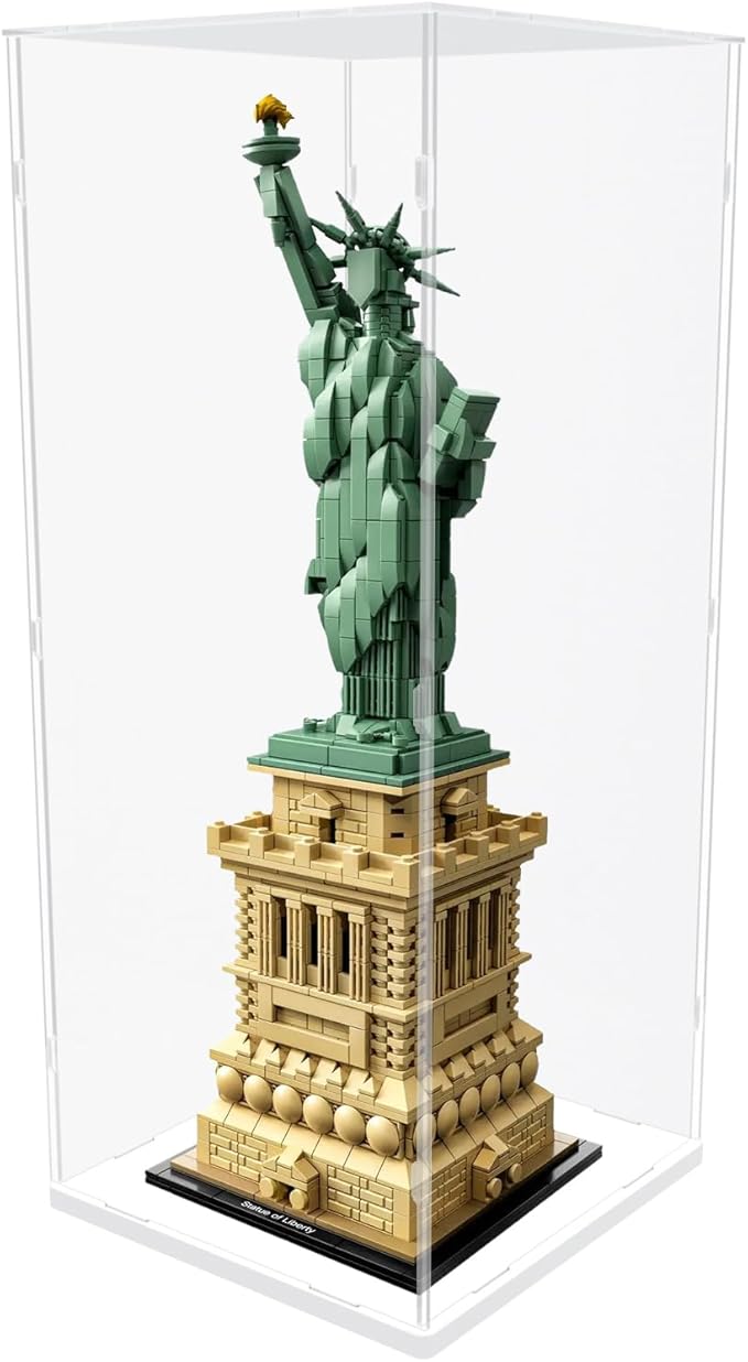 Choowin 20 inch Tall Acrylic Display Case for Lego Statue of Liberty 21042 Display Thickened Clear Acrylic Display Cases for Collectibles Figures Doll Assemble Dustproof Display Box(White Base)