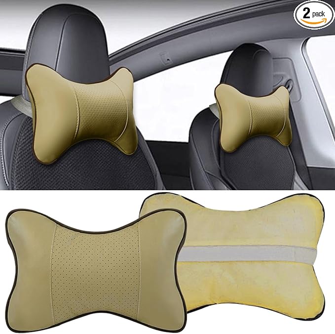 2PCS Car Neck Pillow, PU Leather Headrest Cushion with Adjustable Strap, Ergonomic Soft Headrest Pillow, Universal Multi-Function Auto Lumbar Support Accessories for Pressure Relief (Beige)