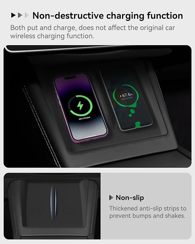 Farmogo Protector Trim Frame for 15.4'' Tesla Model Y & Model 3 Highland 2024-2026 Accessories with Wireless Silicone Charging Mat Screen Edge & Rearview Mirror Protector Frame (3PCS Black)