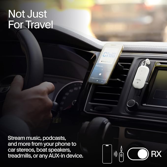 AirFly Pro 2 Deluxe – Bluetooth Adapter for Airplane, Pair 2 AirPods or Wireless Headphones – 3.5mm AUX Bluetooth Transmitter/Receiver for Cars, Boats, Treadmills, TVs – Airplane Travel Essentials
