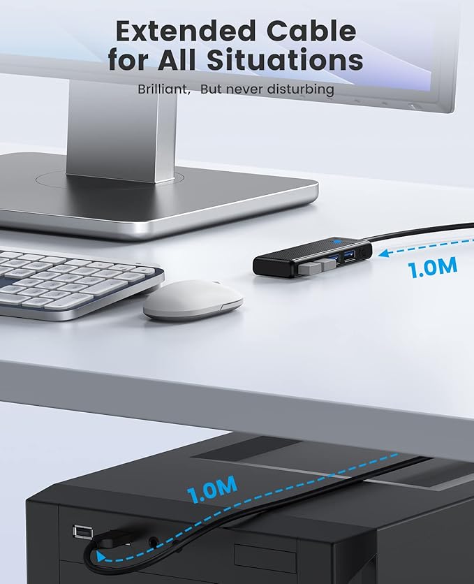 ORICO USB 3.0 Hub, 4-Port USB Hub with 3.3Ft Cable, Ultra Slim USB-Splitter for Laptop MacBook Pro, iMac, Surface Pro, XPS, PS5，PC, Flash Drive, Mobile HDD