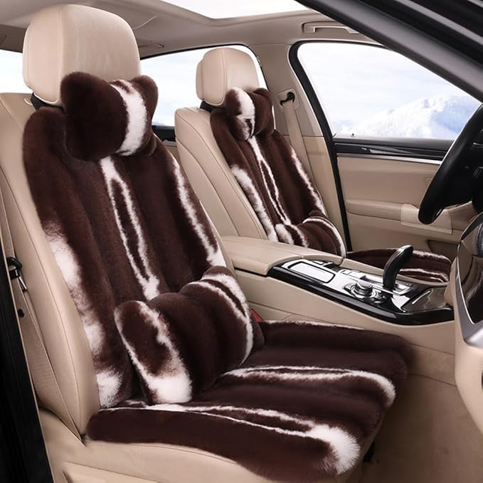 Luxury Plush Car Seat Cushion Set Car Headrest & Lumbar Support & Seat Cushion & Back Support Pillow Fluffy Fuzzy Car Seat Covers Non-Slip Cushion for Universal Accessories Automobiles (4, Coffee)