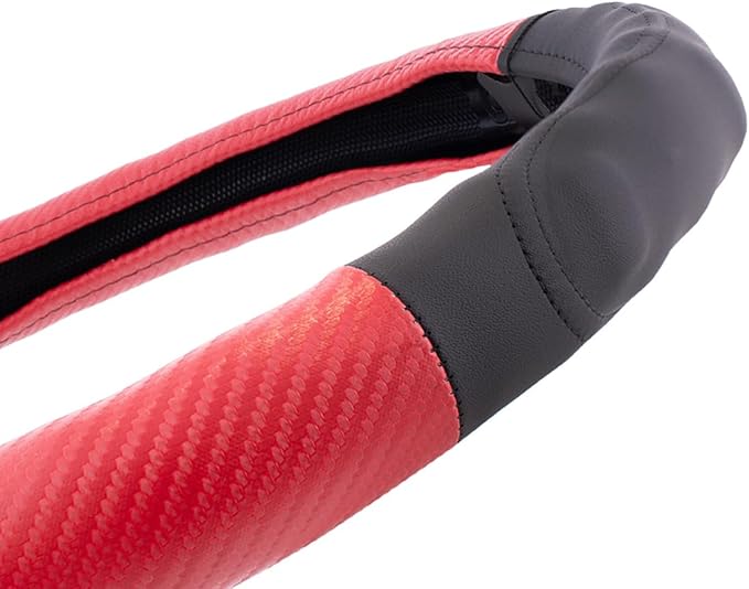 United Pacific 70409 18" Carbon Fiber Pattern Steering Wheel Cover, Engineered Leather Construction, Large Grip – ONE Steering Wheel Cover – Black/Red Carbon Fiber