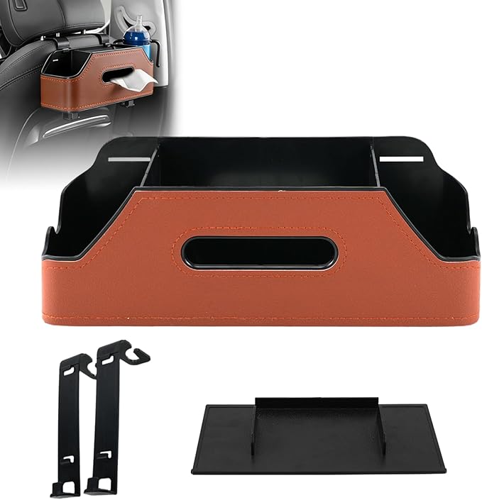 Sporacingrts Car Seat Back Organizer with Cup Holders, Tissue Box, Hooks, Phone Slot, Brown PU Leather Storage Box for Backseat, 1 Pack, Fits Most Cars SUVs Trucks