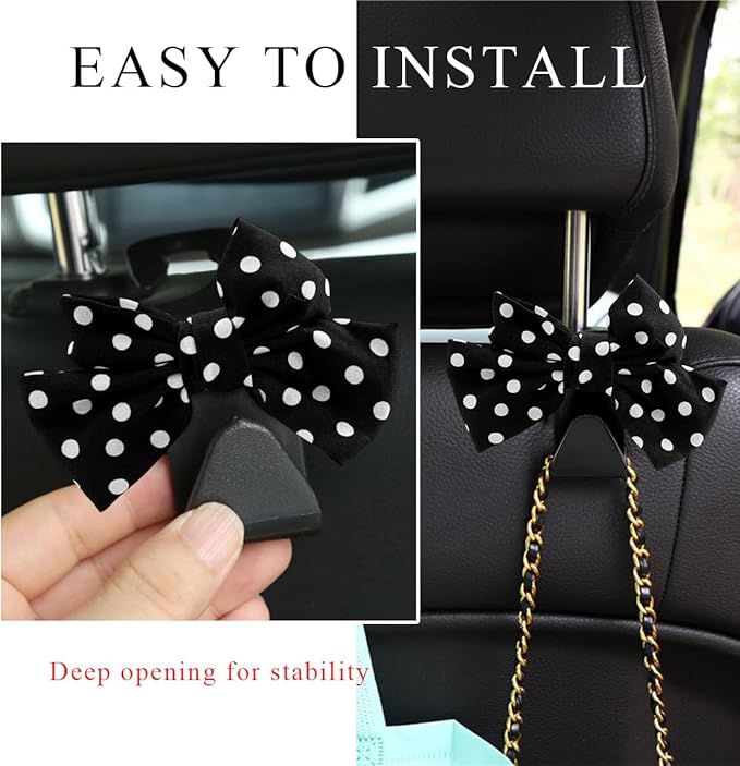 2 PCS Car Seat Headrest Hooks, Cute Bow Shaped Vehicle Backseat Storage Hooks, Leather Bow Shaped Sturdy Car Seat Back Hooks for Purses/Coats/Umbrellas, Car Accessories (Black Dot)