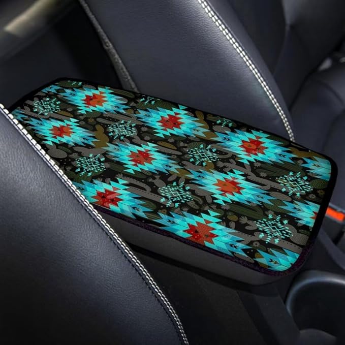 Coldinair Native Aztec Car Armrest Cover,Car Center Console Pad,Soft Seat Box Cover Protector Cushion,Car Accessories Decor for Most Cars,Sedan,Truck,SUV,Aqua