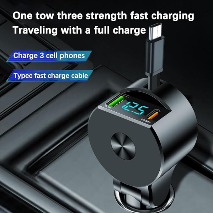 75W 3-in-1 Car Charger Adapter with Voltage Detection, Super Fast Charging with Cable PD30W Retractable Cable for iPhone/Samsung/Android/iPad Pro and More