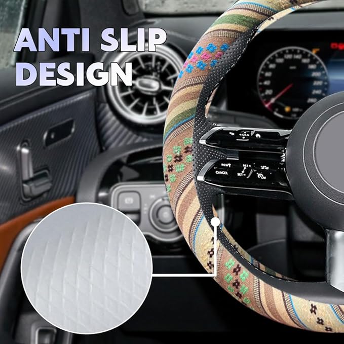 Boho Steering Wheel Cover, Steering Wheel Cover Women, 15 inch Hippie Style Protector Covers, Universal Ethnic Flax Cloth Car Accessories Universal for SUV Van Truck (Hippie-G)