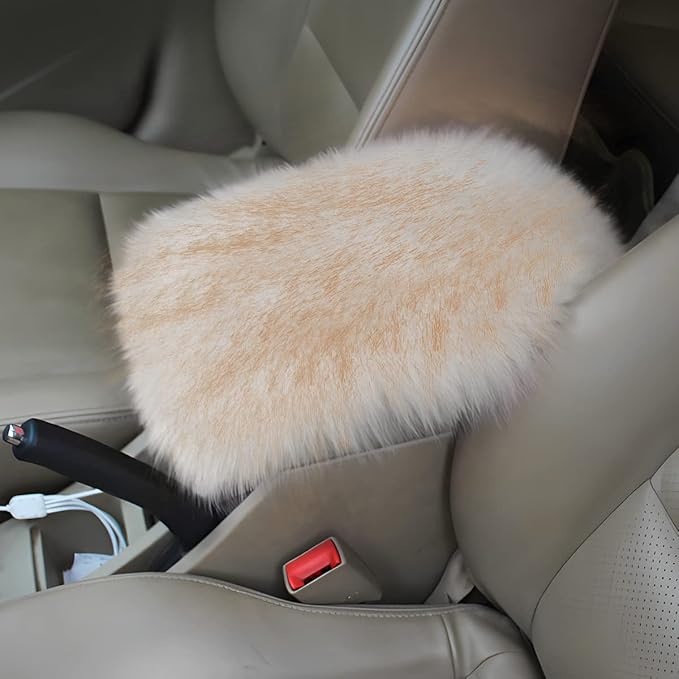 Furry Auto Center Console Cover Pad, 11.8"x7.8" Fluffy Soft Sheepskin Wool Armrest Cushion, Car Interior Accessories for Women and Men (White/Yellow)