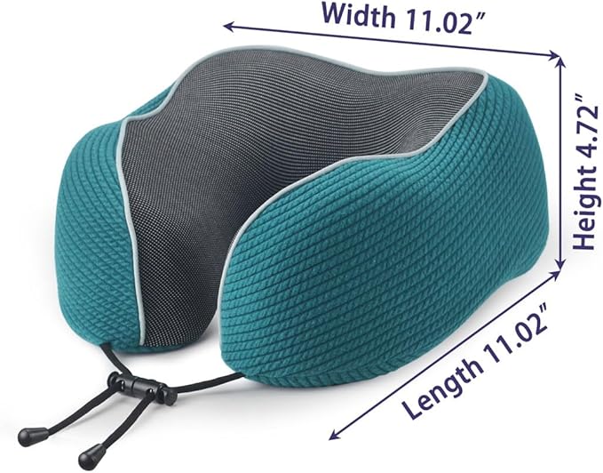 napfun Neck Pillow for Traveling, Upgraded Travel Neck Pillow for Airplane 100% Pure Memory Foam Travel Pillow for Flight Headrest Sleep, Portable Plane Accessories, Teal Striped Kit