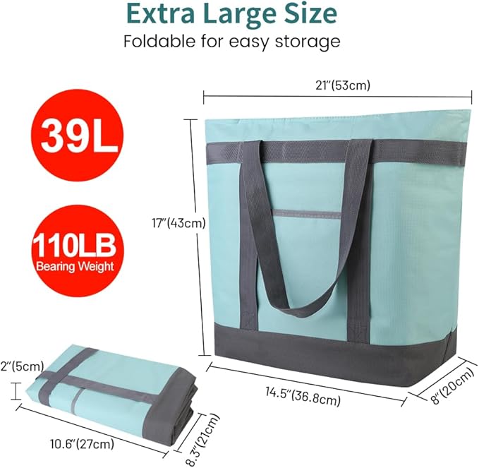 mosago Insulated Grocery Tote Bags, Large Reusable Cooler Bags with Zipper, Leakproof Thermal Shopping Bags for Food Delivery, Beach, Travel, for Picnic, Collapsible, Green