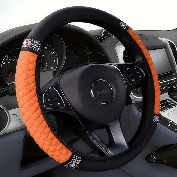 Soft Leather Car Steering Wheel Cover, Universal 15 Inch Colorful Rhinestones Anti-Slip Elastic Steering Wheel Covers for Most Cars, Sparkly Crystal Diamond for Women Girls (Orange)