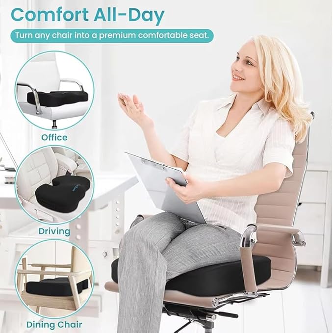 Seat Cushion – Memory Foam, Non-Slip Orthopedic Coccyx Support Pad for Office Chairs, Car Seats & Home, Ergonomic Tailbone, Sciatica & Lower Back Pain Relief