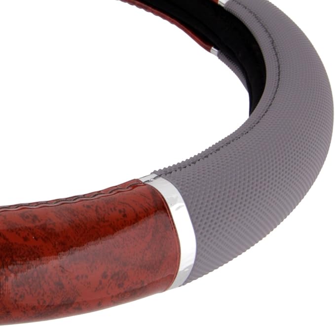 BDK Dark Wood Grain Car Steering Wheel Cover, Standard 15 inch with Gray Faux Leather Grip, Made to Fit Most Auto Truck Van SUV