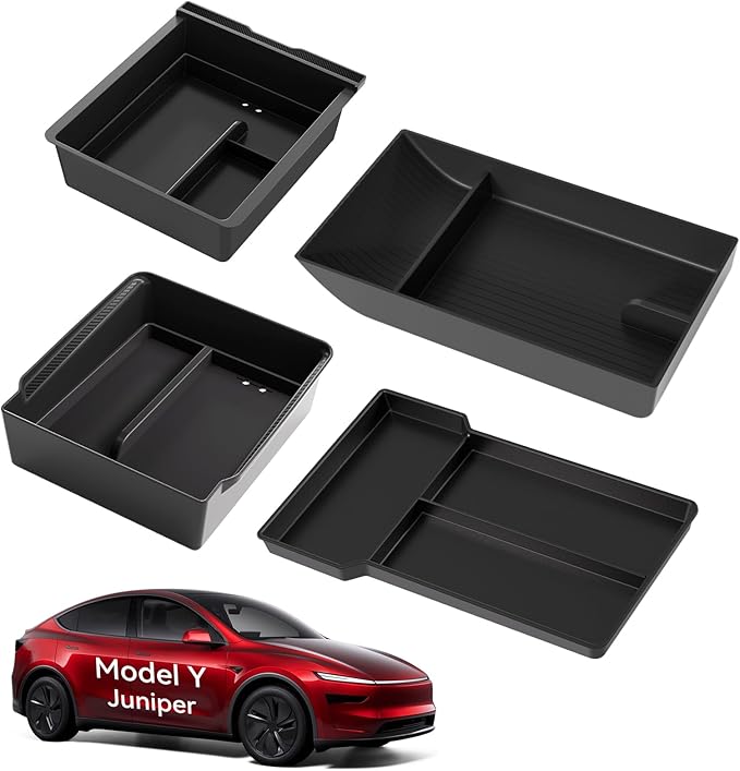 for Tesla New Model Y Juniper Center Console Organizer Tray Divided Storage Double Layer Space Slide smoothly Model Y 2025 2026 Accessorie - 4 PCS, Black