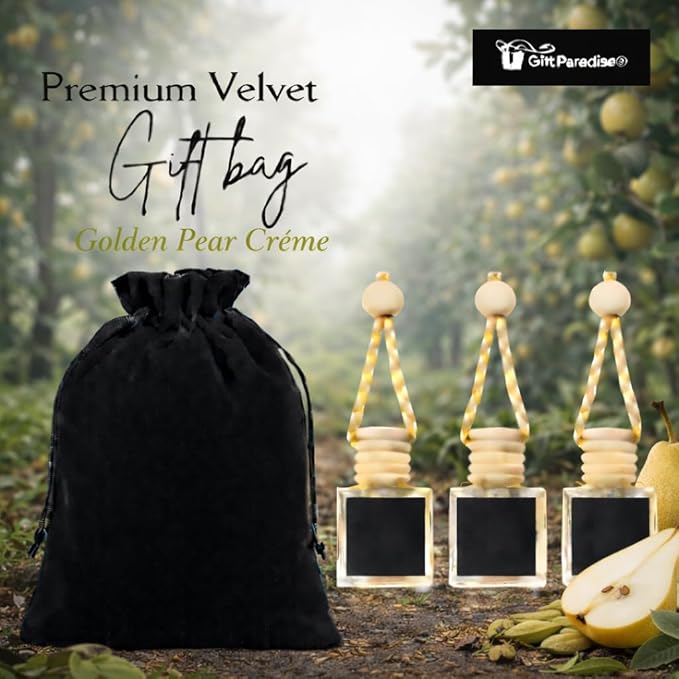 Golden Pear Crème Car Air Freshener Set of 3, 10 ml Hanging Diffuser Bottles with Wooden Cap, Sweet Pear Vanilla Scent for Car, Home & Closet, Velvet Gift Bag