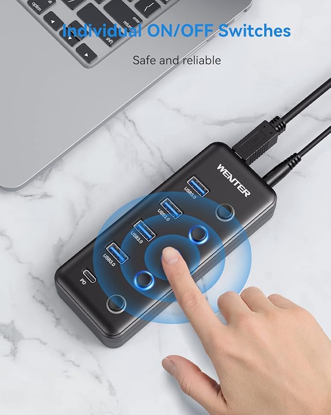 Powered USB 3.0 Hub, Wenter 5-Port USB Hub Splitter (4 Faster Data Transfer Ports+ 1 Type-C Charging Ports) with Individual LED On/Off Switches, USB Hub 3.0 Powered with Power Adapter for Mac, PC