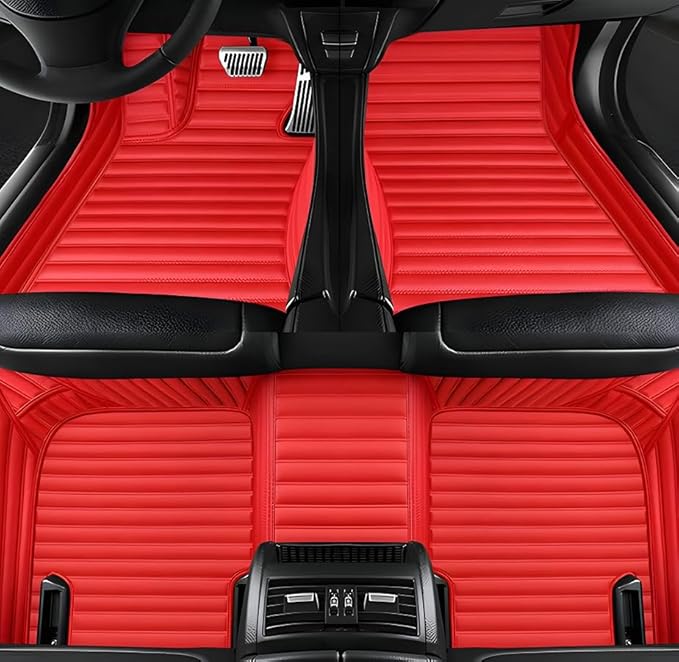 Customize Car Floor Mats for 99% Sedan SUV Sports Car All Weather Leather Full Coverage Waterproof Non-Slip Vehicle Lining Pads (Pure red Stripe)