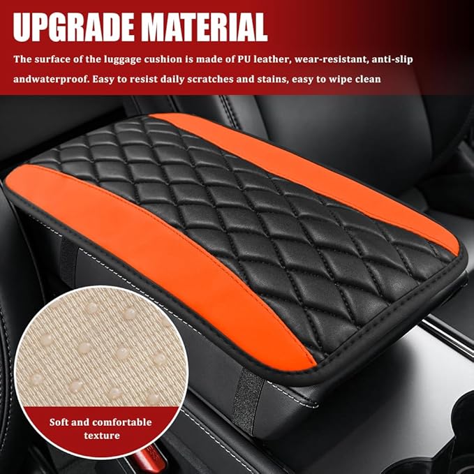 Car Center Console Cushion Pad, Armrest Cover for Car, Leather Waterproof Armrest Seat Box Cover, Auto Accessories Comfortable Arm Rest Box Cushion Pad for Most Vehicles (Orange)