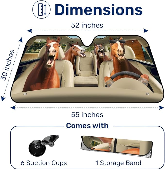 GENANY Horse Funny Windshield Sun Shade for Car SUV Truck (55x30 Inches), Sun Shade Windshield, Shades for Front Windows, Protector Blocks U, Spring Car Decor