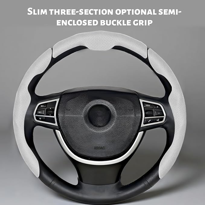 Car Steering Wheel Cover, Nappa Leather 15 Inch Snap-On 3PCS Set Vehicle Steer Wheel Wrap Protector, Non-Slip Automotive Interior Protection Accessories, Universal Fit (White)