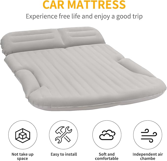 KMZ SUV Air Mattress Thickened and Double-Sided Flocking Travel Camping Bed with 2 Pillows & Pump Dedicated Mobile Cushion Inflatable Bed for SUV Trunk and Rear Seat (Light Gray)