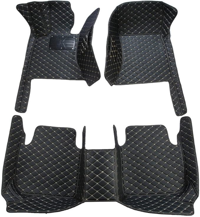 Custom Car Floor Mats Fit for 99% Sedan SUV Sports Car Full Coverage Pads Leather Floor Liners Mat Women Men (Black with Beige line)