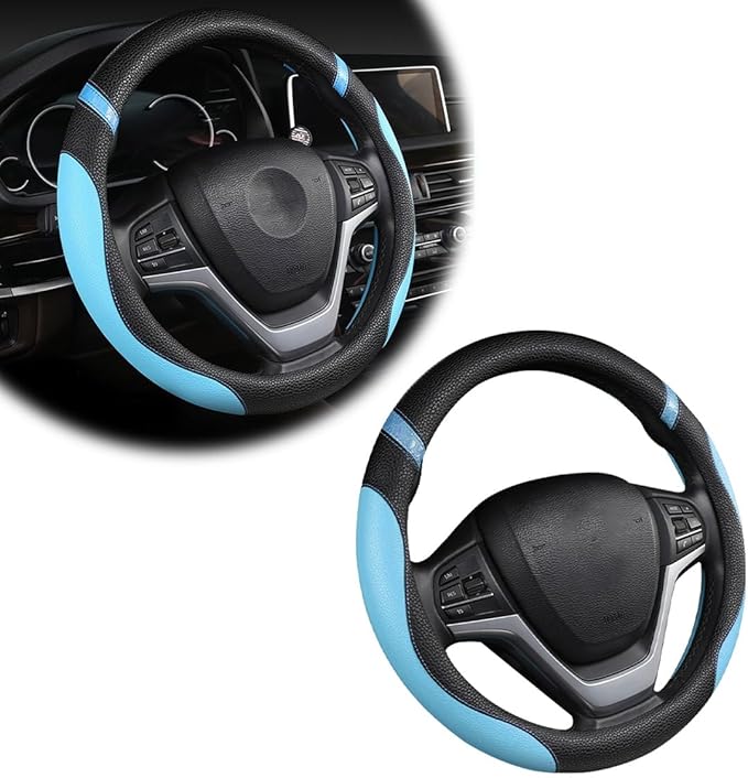 Car Steering Wheel Cover, Non-Slip Leather Auto Steering Wheel Protector, Comfortable Steering Wheel Cover Protector for Most Cars, Universal Interior Car Accessories (Blue)