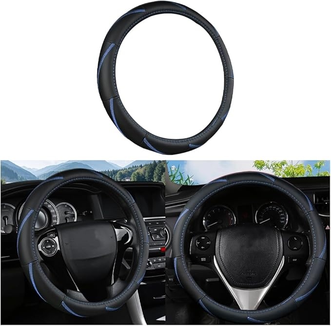BELOMI Car Steering Wheel Cover, Anti Slip Leather Breathable Vehicle Protector, Comfortable Grip Automotive Interior Protective Guard Accessories, Universal for SUV, Sedan, Truck (Black/Blue)