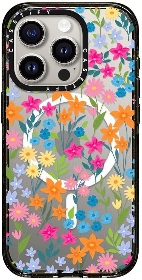 CASETiFY Impact Case for iPhone 15 Pro [4X Military Grade Drop Tested / 8.2ft Drop Protection/Compatible with Magsafe] - Bright Spring Flowers - Clear Black