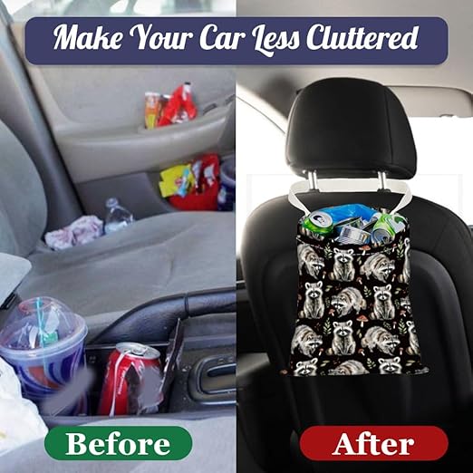 Raccoon Print Car Trash Bag Hanging Garbage Bag with Snap Buttons Car-Back Seat Trash Storage Portable Dustbin for Car Interior Accessories Travel Camping