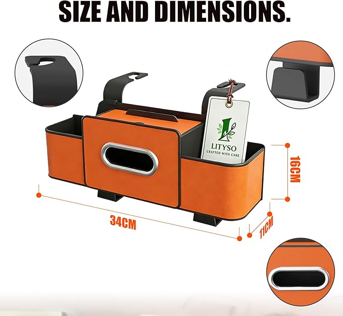 Car Backseat Organizer Multifunction Storage Box Vehicle Seat Accessories Cup Tissue Trash Hooks Phone Snack Drink Handbag Leather Interior Utility Portable Durable Easy Installation Secure(Orange)