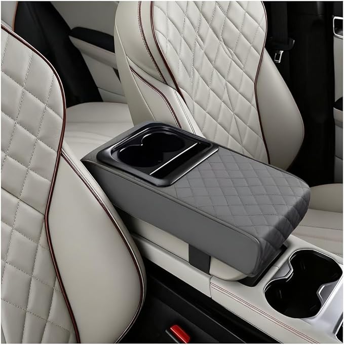 Car Center Console Armrest Pillow, Vehicle Armrest Seat Box Cushion Pad with Cup Holder & Phone Holder, Comfortable Auto Middle Console Cover, Universal for SUV RV Truck (Diamond, Gray)