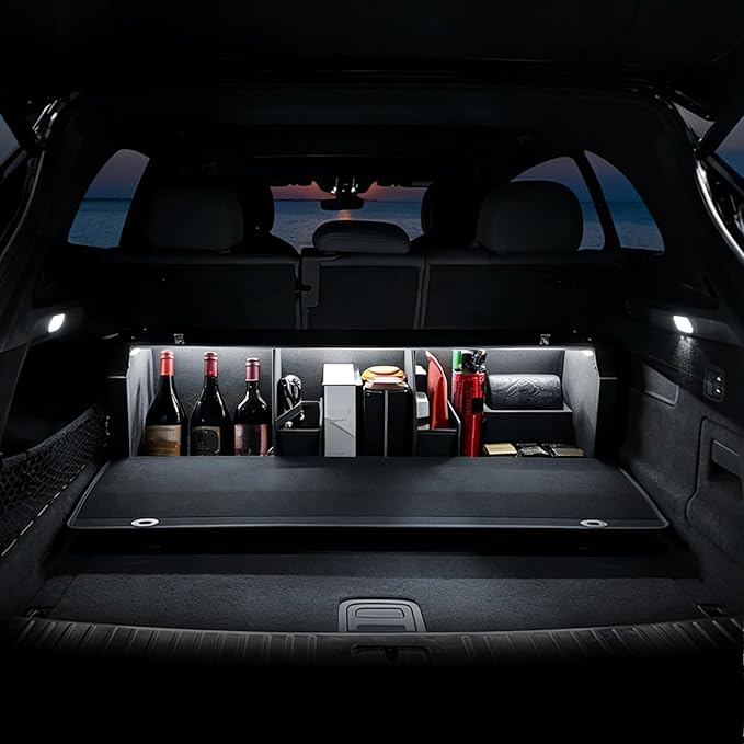 Car Trunk Organizer, Leather Trunk Organizer with LED Light Car Storage Box with Lid and Push-pull Handle Organizer Trunk Storage for SUV, Trunk, Minivan (Black, 42.9 x 11.4 x 12.2in)