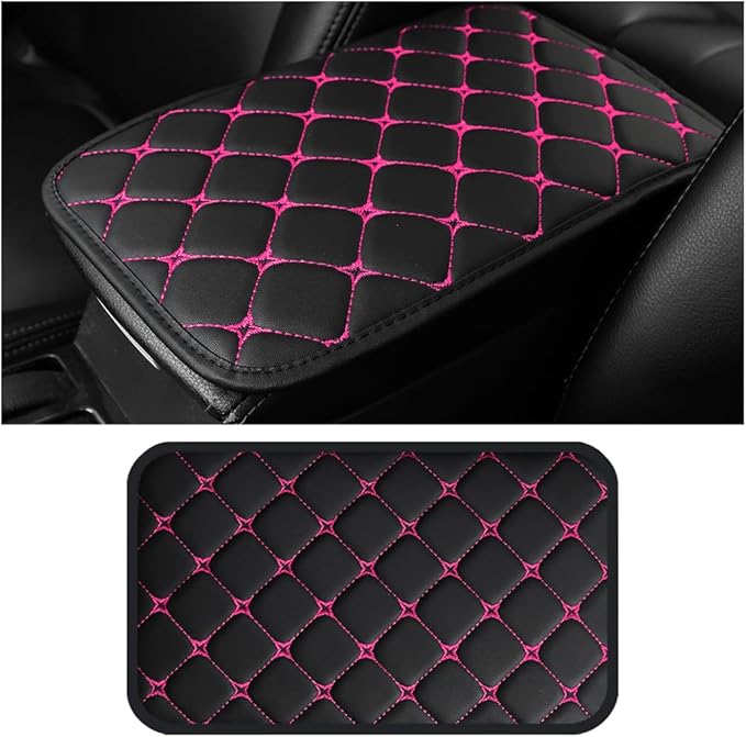 HZEL Car Center Console Cushion Pad, PU Leather Vehicle Armrest Protection Cover, Waterproof Automotive Interior Arm Rest Seat Box Mat Accessories, Universal for SUV, Sedan, Truck (Black/Rose Red)