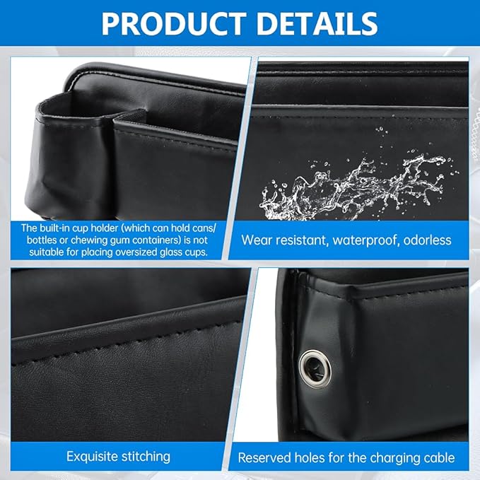 2 Pack Car Seat Gap Filler Organizer, Leather Seat Gap Bag with Cup Holder (3.14 inch) & 4 Hooks, Anti-Slip Flannel Lined Storage Box for Phone, Keys, Wallet, Fit Most Cars